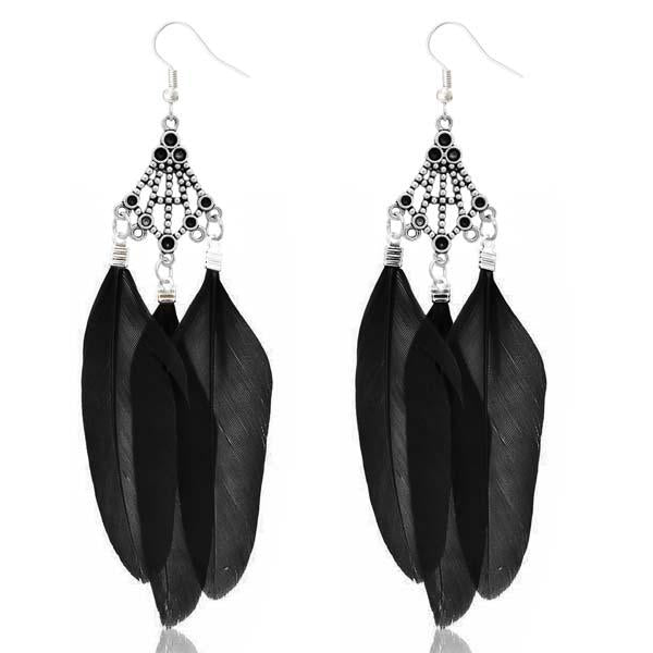 Jeweljunk Rhodium Plated Black Feather Earrings - 1310946A