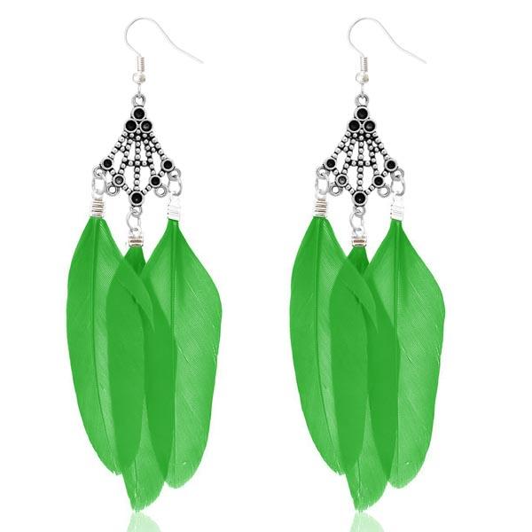 Jeweljunk Rhodium Plated Green Feather Earrings - 1310946B