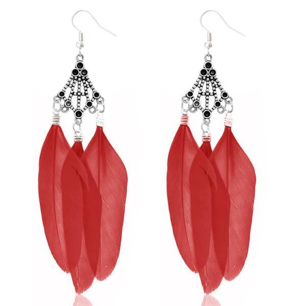 Jeweljunk Rhodium Plated Red Feather Earrings - 1310946D