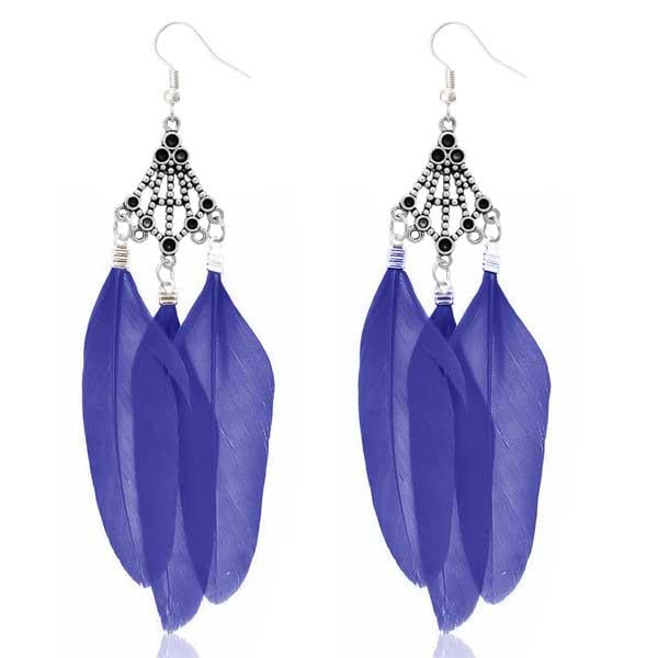 Jeweljunk Rhodium Plated Blue Feather Earrings - 1310946E
