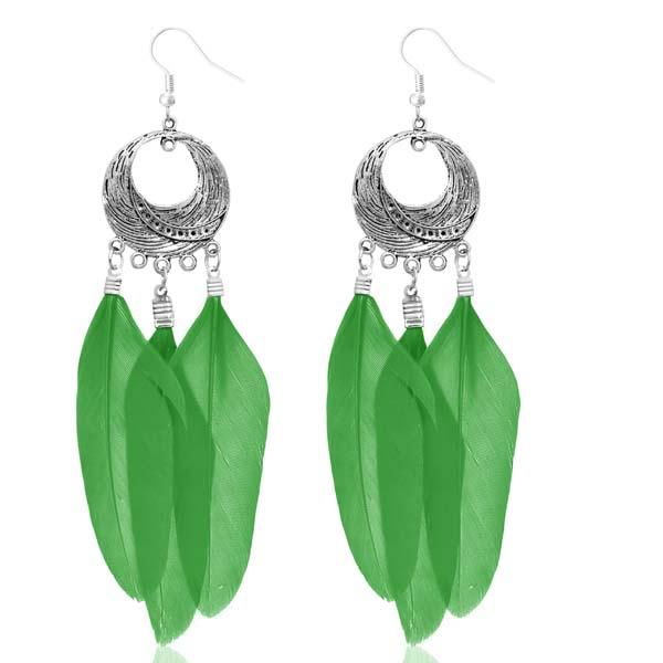 Jeweljunk Rhodium Plated Green Feather Earrings - 1310948B