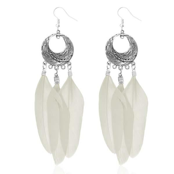 Jeweljunk Rhodium Plated White Feather Earrings - 1310948C