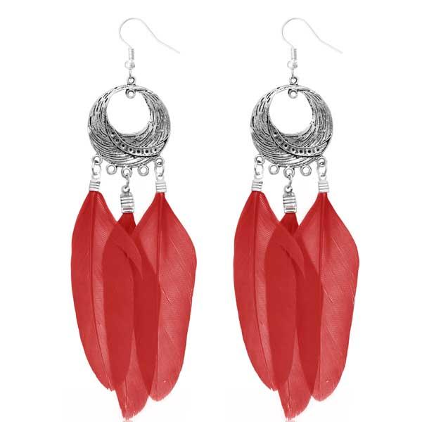 Jeweljunk Rhodium Plated Red Feather Earrings - 1310948D