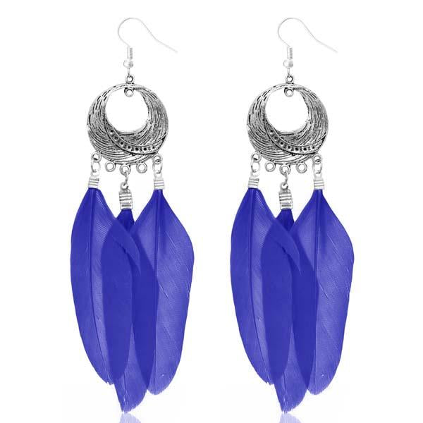 Jeweljunk Rhodium Plated Blue Feather Earrings - 1310948E