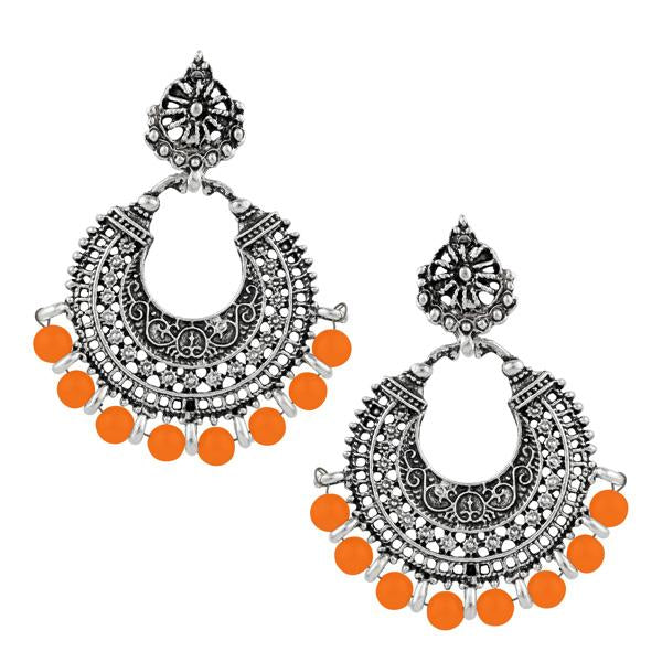 Jeweljunk Orange Beads Rhodium Plated Afghani Earrings - 1311025O