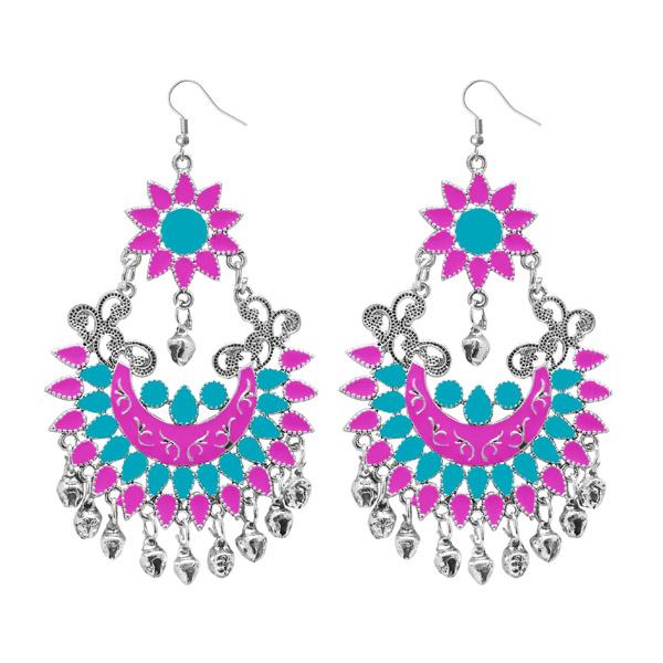 Jeweljunk Silver Plated Pink Meenakari Afghani Earrings - 1311055B