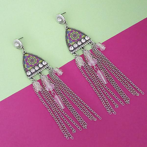 Urthn White Stone Rhodium Plated Chain Drop Tassel Earrings - 1311826F