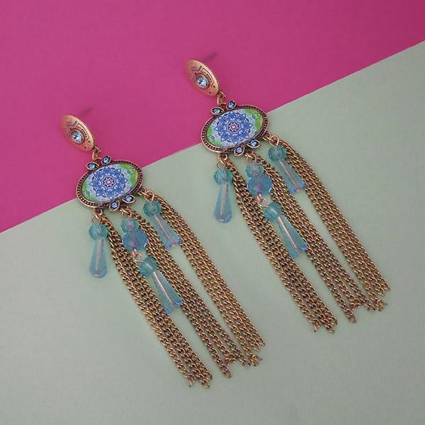 Urthn Gold Plated Blue Stone Chain Drop Tassel Earrings - 1311829A