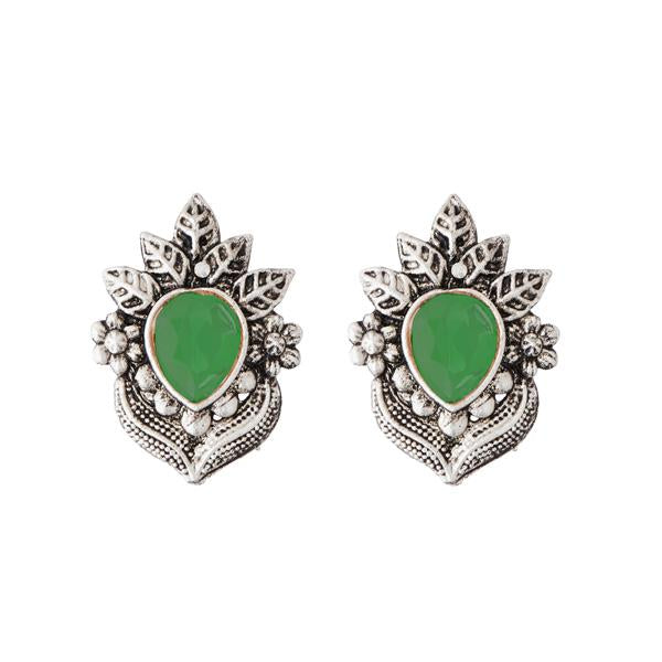 Kriaa Green Opaque Stone Rhodium Plated Stud Earrings - 1312205B