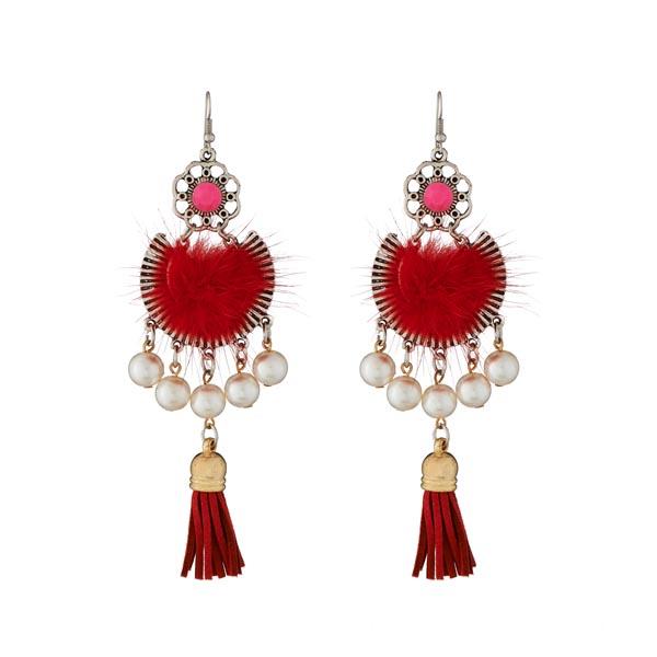 Jeweljunk Rhodium Plated Maroon Thread Earrings - 1312301D