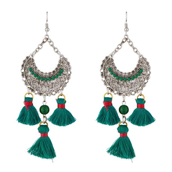 Jeweljunk Green Thread Rhodium Plated Earrings - 1312306A
