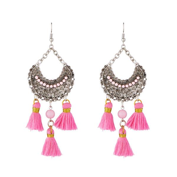 Jeweljunk Rhodium Plated Pink Beads Thread Earrings - 1312306B