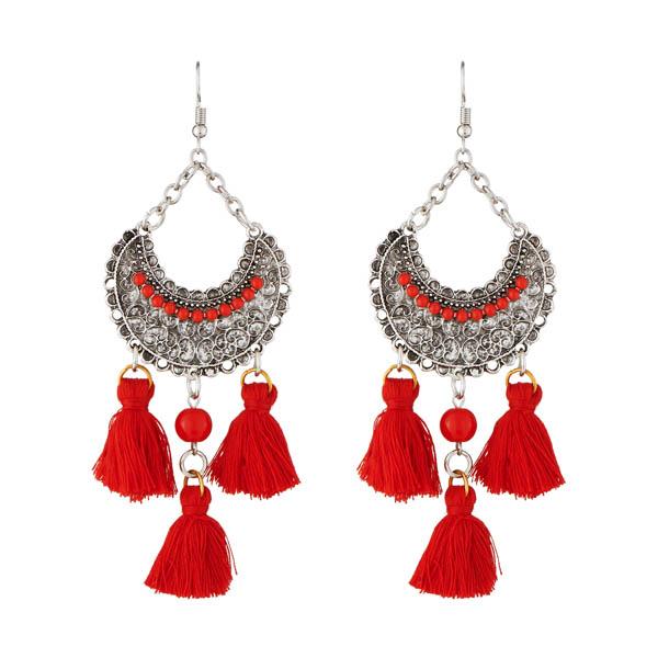 Jeweljunk Rhodium Plated Maroon Beads Thread Earrings - 1312306D