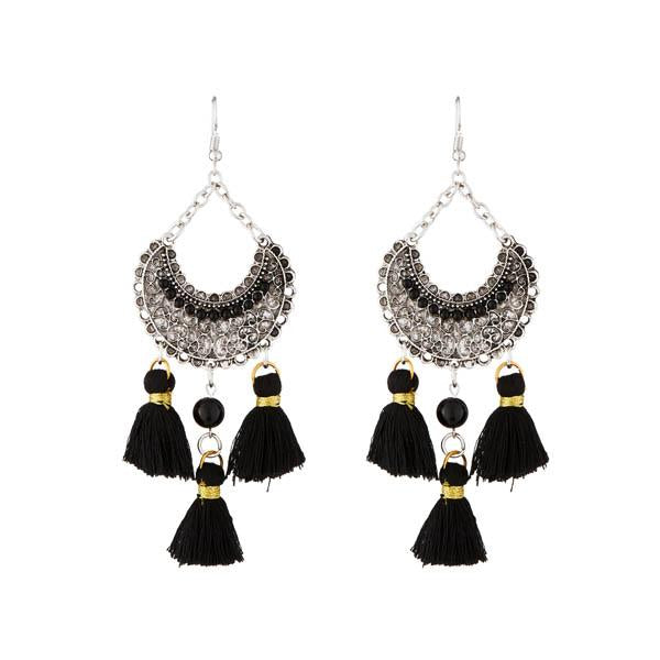 Jeweljunk Rhodium Plated Black Beads Thread Earrings - 1312306F