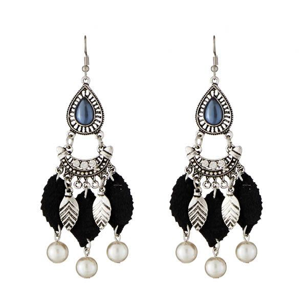 Jeweljunk Rhodium Plated Leaf Design Thread Earrings - 1312308B