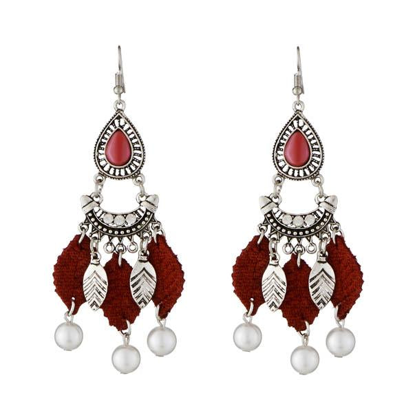 Jeweljunk Maroon Thread Leaf Design Rhodium Plated Earrings - 1312308D