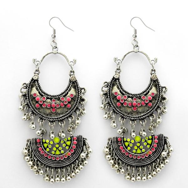 Jeweljunk Rhodium Plated Green Meenakari Afghani Earrings - 1312412C