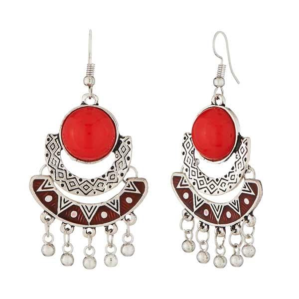 Jeweljunk Rhodium Plated Red Meenakari Afghani Earrings - 1312502C