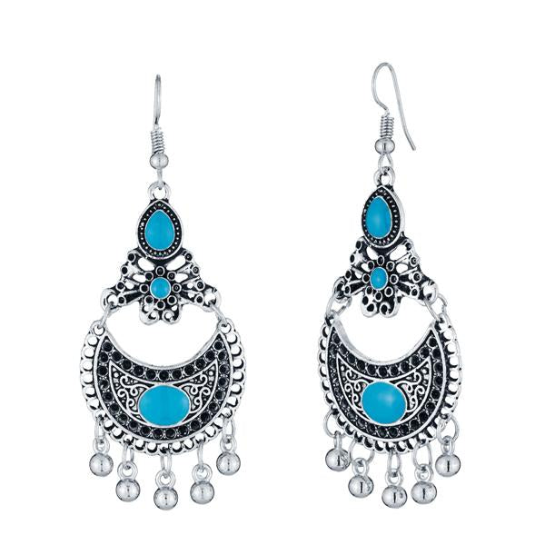Jeweljunk Rhodium Plated Blue Meenakari Afghani Earrings - 1312529F
