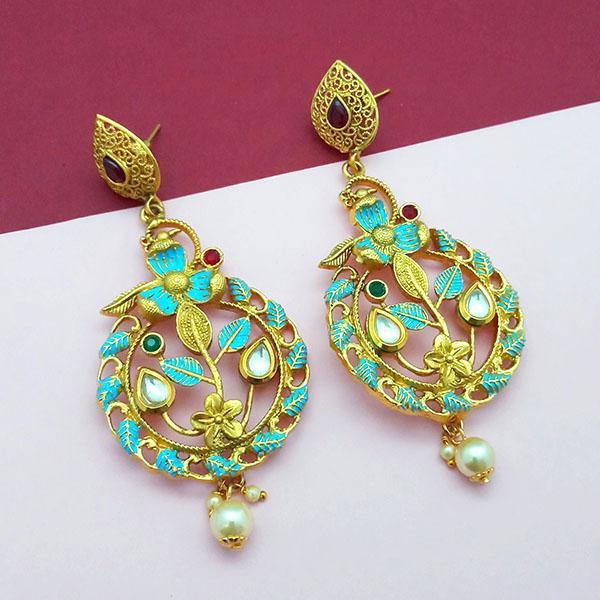 Amina Creation Gold Plated Stone And Green Meenakari Copper Matte Dangler Earrings - 1313119A