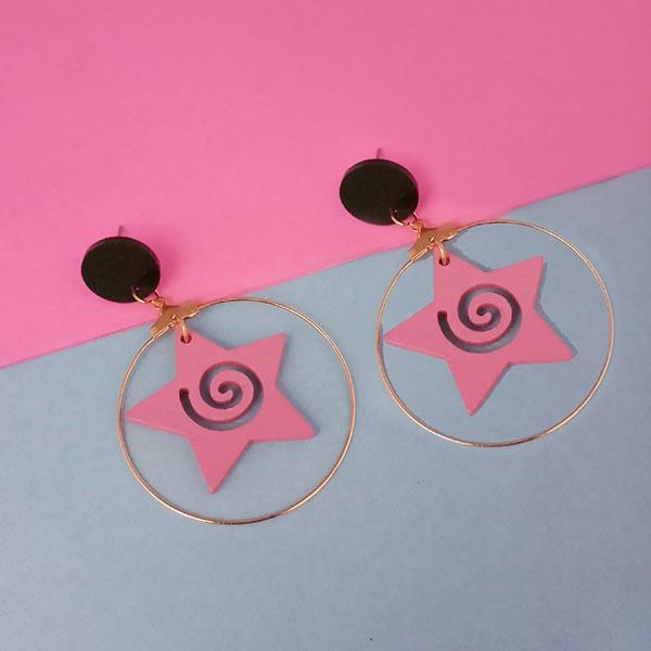 Urthn Pink Star Design Wood Dangler Earrings - 1313206D