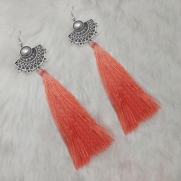 Jeweljunk Peach Thread Rhodium Plated Tassel Earrings - 1313324A