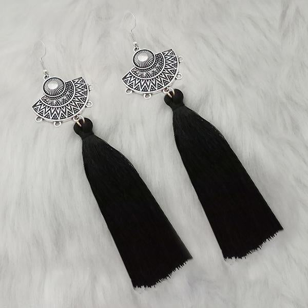 Jeweljunk Black Thread Rhodium Plated Tassel Earrings - 1313324B