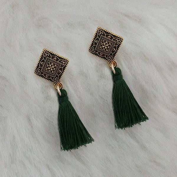 Jeweljunk Green Thread Antique Gold Plated Tassel Earrings - 1313416C