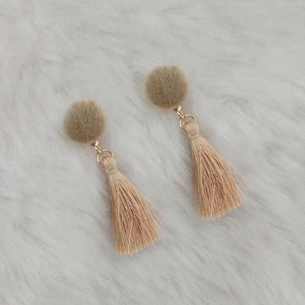 Jeweljunk Beige Thread Gold Plated Tassel Earrings - 1313424A