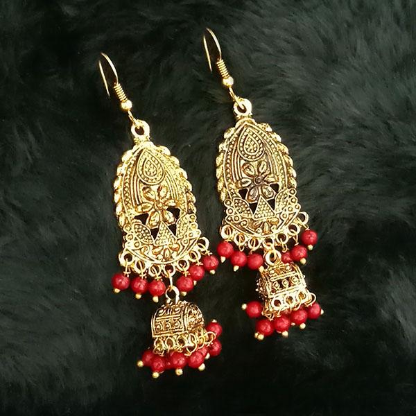 Jeweljunk Maroon Beads Antique Gold Plated Jhumki Earrings - 1313501F