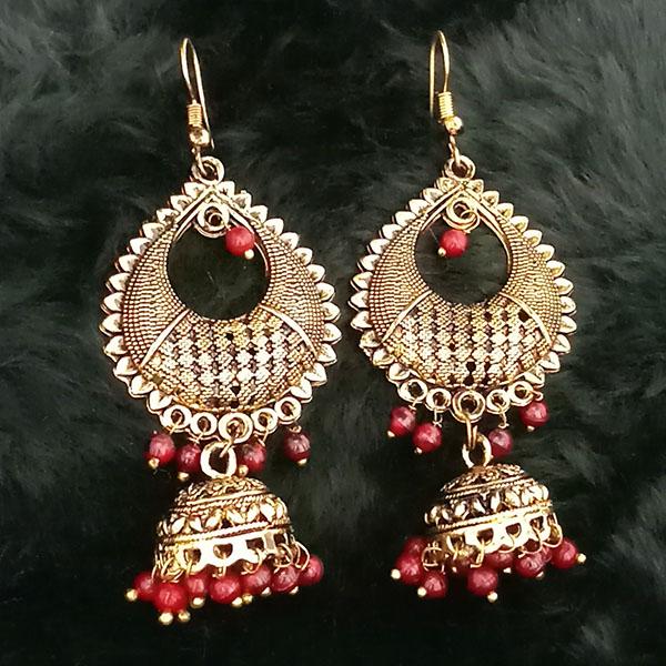 Jeweljunk Antique Gold Plated Maroon Beads Jhumki Earrings - 1313502A