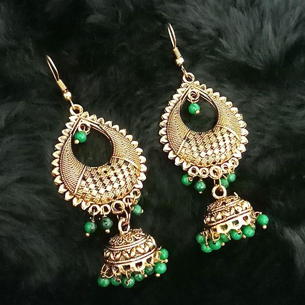 Jeweljunk Green Beads Antique Gold Plated Jhumki Earrings - 1313502C
