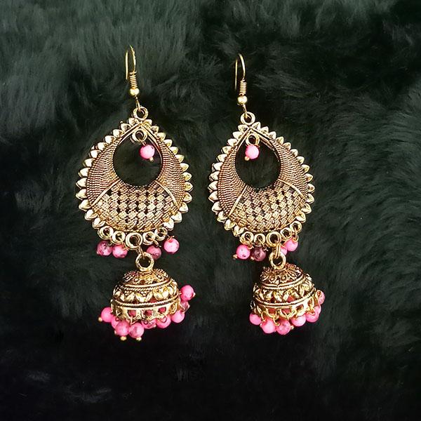 Jeweljunk Pink Beads Antique Gold Plated Jhumki Earrings - 1313502D