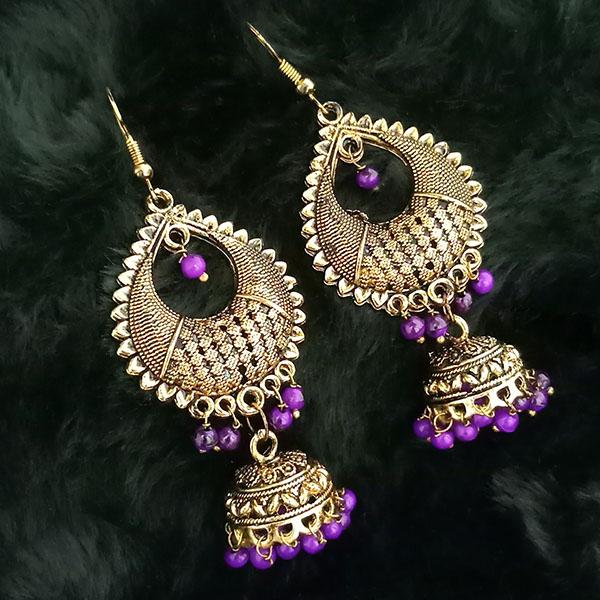 Jeweljunk Purple Beads Antique Gold Plated Jhumki Earrings - 1313502G
