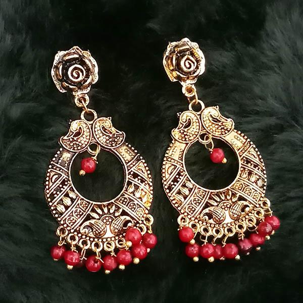 Jeweljunk Maroon Beads Antique Gold Plated Dangler Earrings - 1313503G