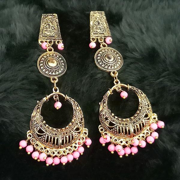 Jeweljunk Pink Beads Antique Gold Plated Dangler Earrings - 1313505F