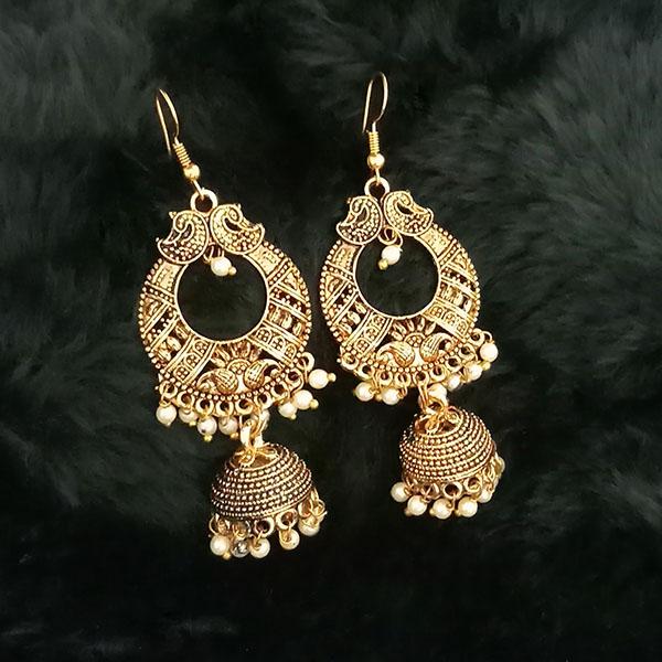 Jeweljunk White Beads Antique Gold Plated Jhumki Earrings - 1313507A