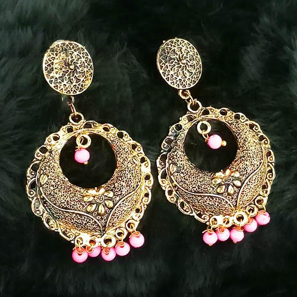 Jeweljunk Pink Beads Antique Gold Plated Dangler Earrings - 1313510E