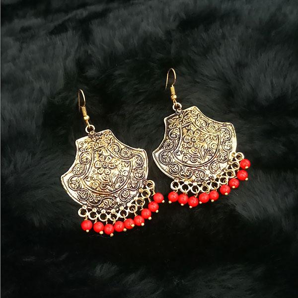 Jeweljunk Red Beads Antique Gold Plated Dangler Earrings - 1313511E