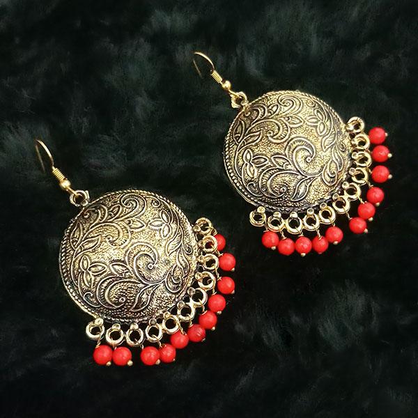 Jeweljunk Maroon Beads Antique Gold Plated Dangler Earrings - 1313512D