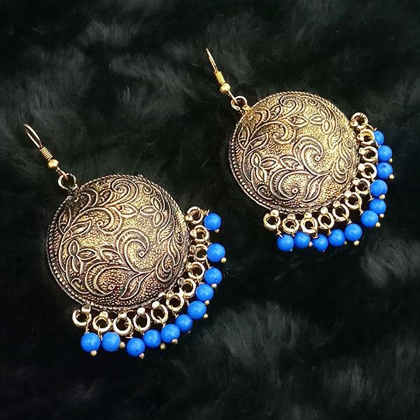 Jeweljunk Blue Beads Antique Gold Plated Dangler Earrings - 1313512G
