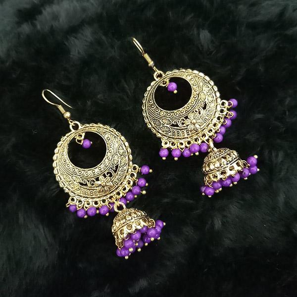 Tip Top Fashions Purple Beads Antique Gold Plated Jhumki Earrings