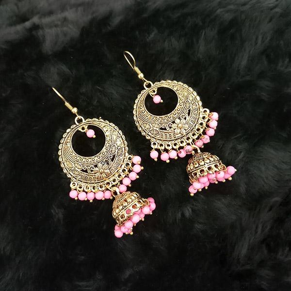 Jeweljunk Pink Beads Antique Gold Plated Jhumki Earrings - 1313514C