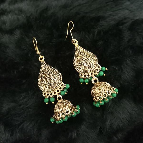 Jeweljunk Green Beads Antique Gold Plated Jhumki Earrings - 1313515G