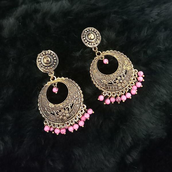 Jeweljunk Pink Beads Antique Gold Plated Dangler Earrings - 1313516E
