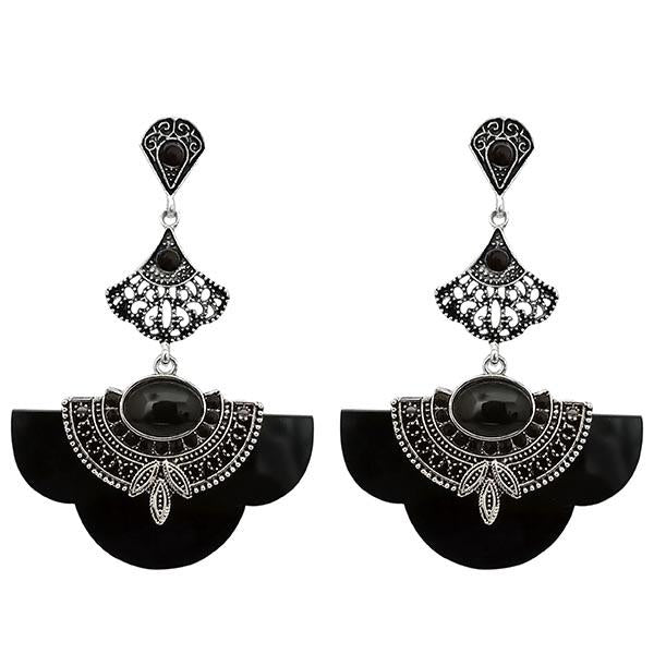 Urthn Rhodium Plated Black Stone Dangler Earrings - 1314015C
