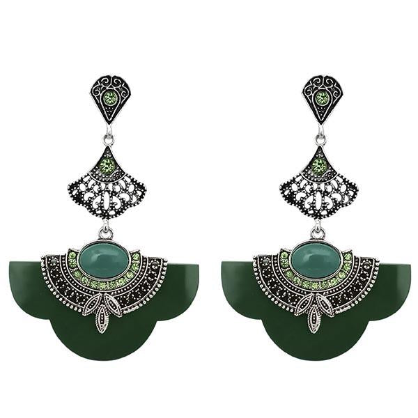 Urthn Rhodium Plated Green Stone Dangler Earrings - 1314015D