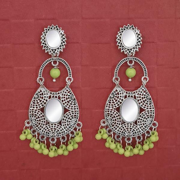Jeweljunk Silver Plated Green Beads Mirror Dangler Earrings - 1314747B