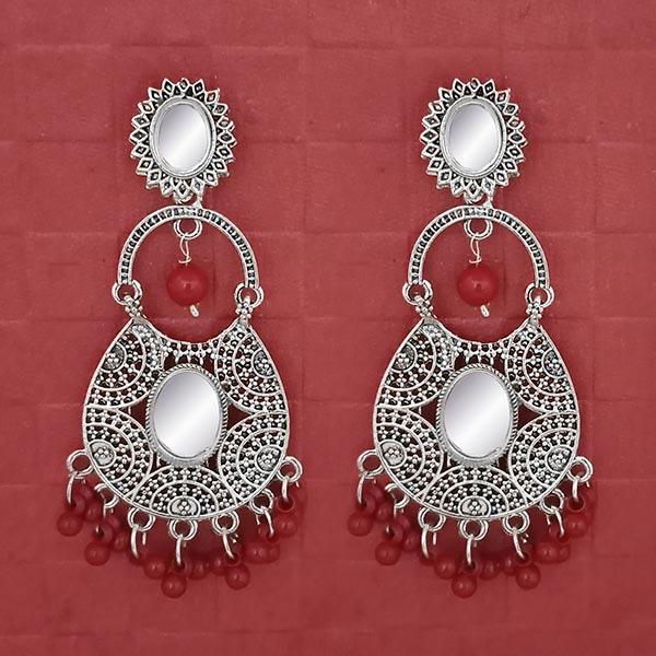 Jeweljunk Silver Plated Maroon Beads Mirror Dangler Earrings - 1314747C