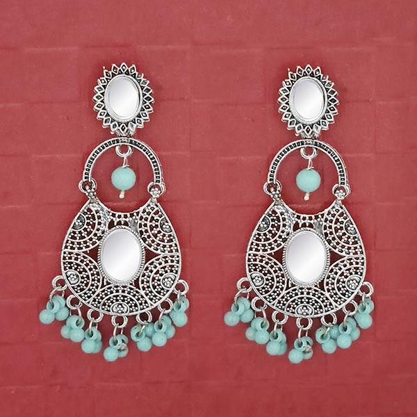 Jeweljunk Silver Plated Blue Beads Mirror Dangler Earrings - 1314747D